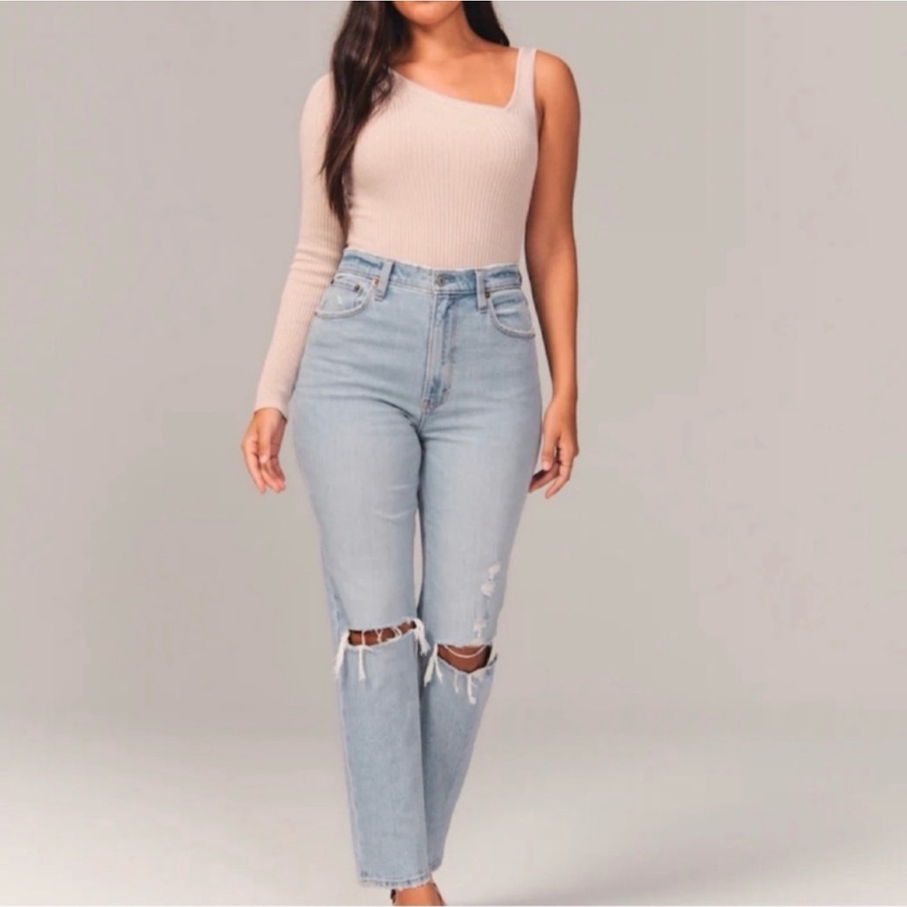 Abercrombie The Ankle Straight Ultra High Rise Light Wash Distressed Denim Jean